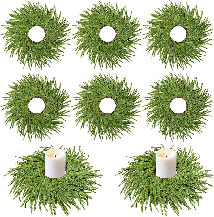 6 Pcs Christmas Candle Ring Wreaths, 12in Mini Wreaths Artificial Norfolk Green Pine Wreath Garla... | Amazon (US)