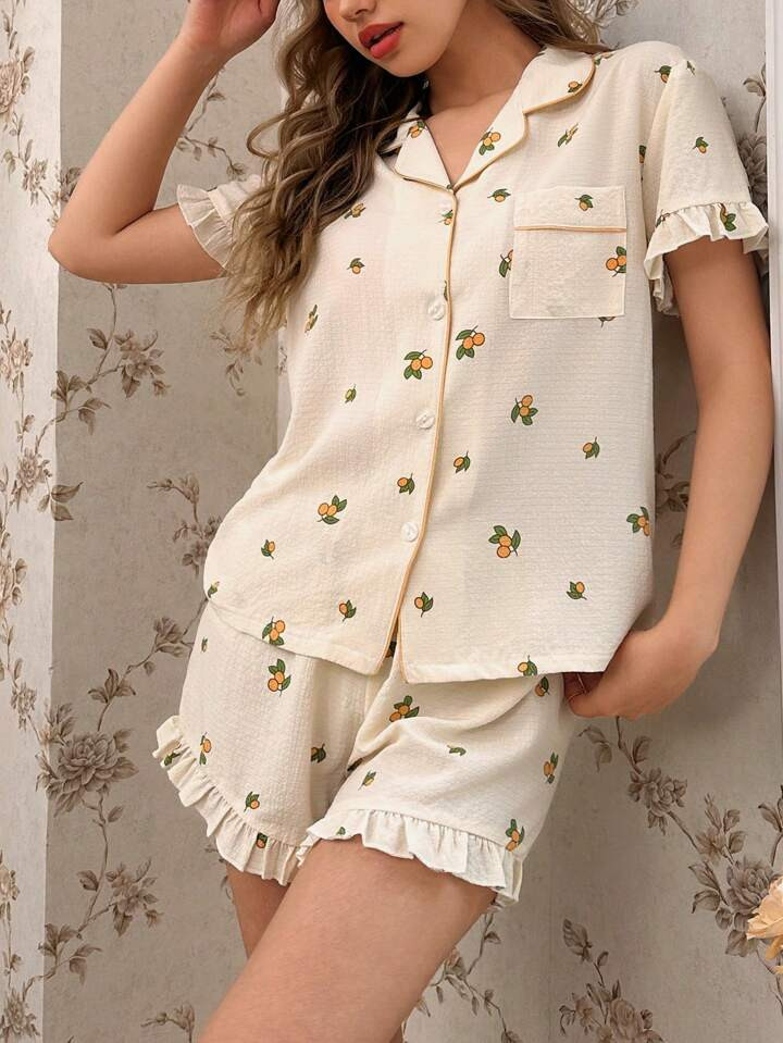 Women's Fruit Pattern Short Sleeve Pajama Set With Shorts | SHEIN