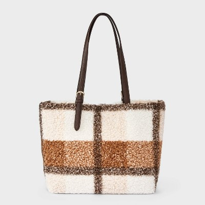 Faux Shearling Plaid Wing Tote Bag - Universal Thread™ Brown | Target