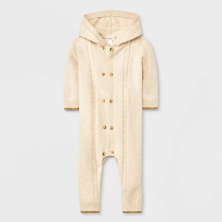 Baby Cable Button-Up Sweater Hooded Romper - Cat & Jack™ Oatmeal | Target