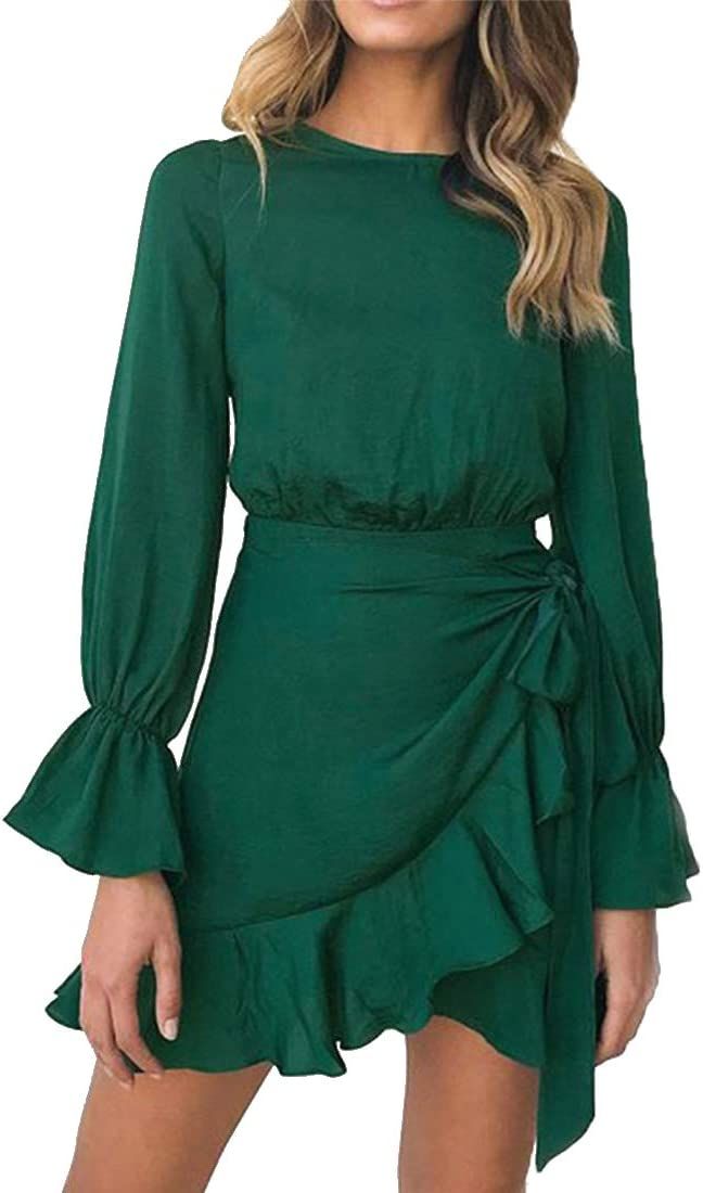 WEEPINLEE Womens Long Sleeve Round Neck Ruffles Wrap Dresses Party Dress | Amazon (US)