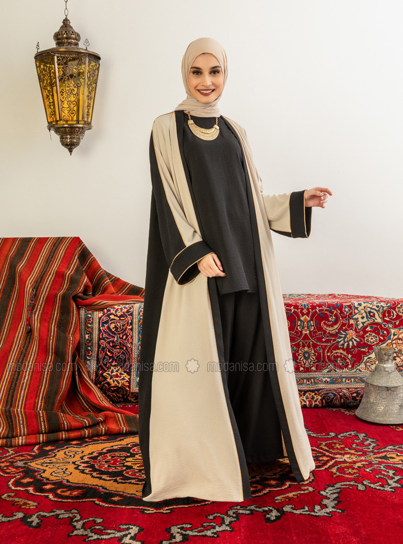 Beige - Black - Unlined - V neck Collar - Abaya | Modanisa (US)