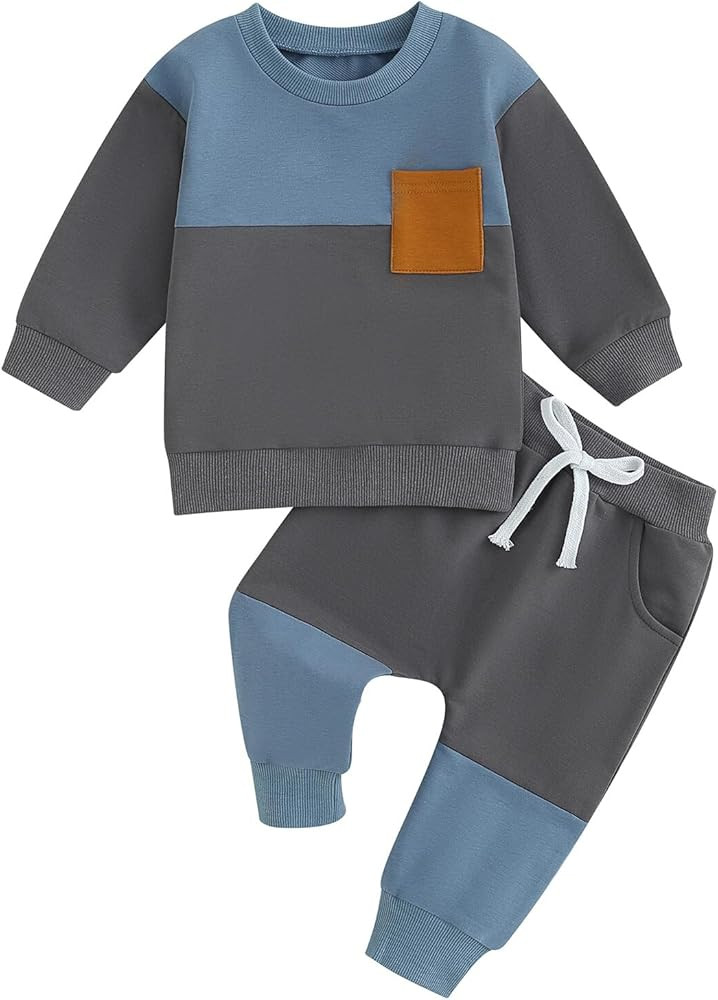 Kupretty Toddler Baby Boy Fall Winter Clothes Color Block Long Sleeve Sweatshirt Pullover Tops + ... | Amazon (US)