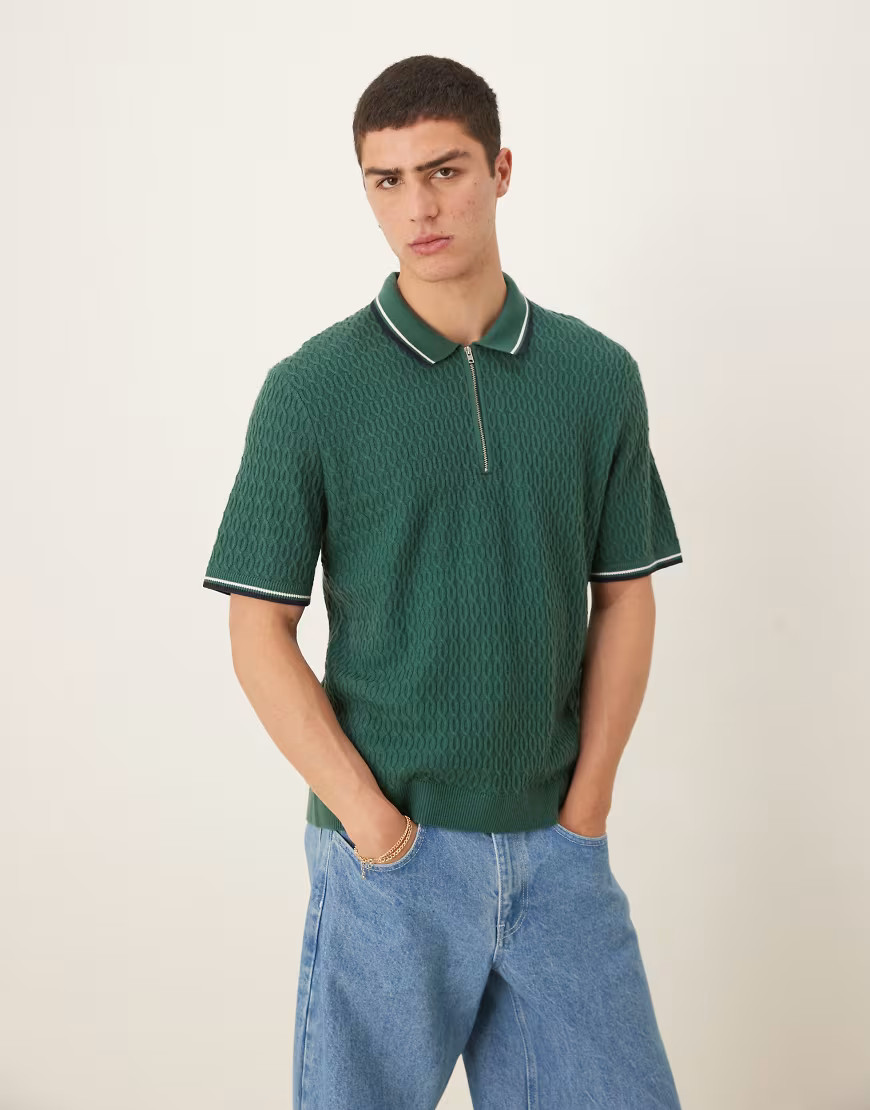 Abercrombie & Fitch knit half zip polo top with contrast binding in green | ASOS (Global)