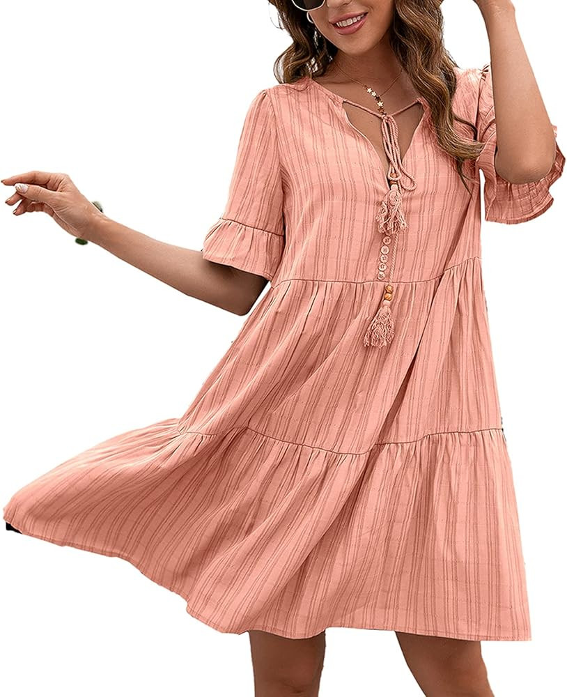 Listenwind Women Summer Tunic Dresses V Neck Ruffle Sleeve Casual Loose Boho Beach Short Swing Shift | Amazon (US)