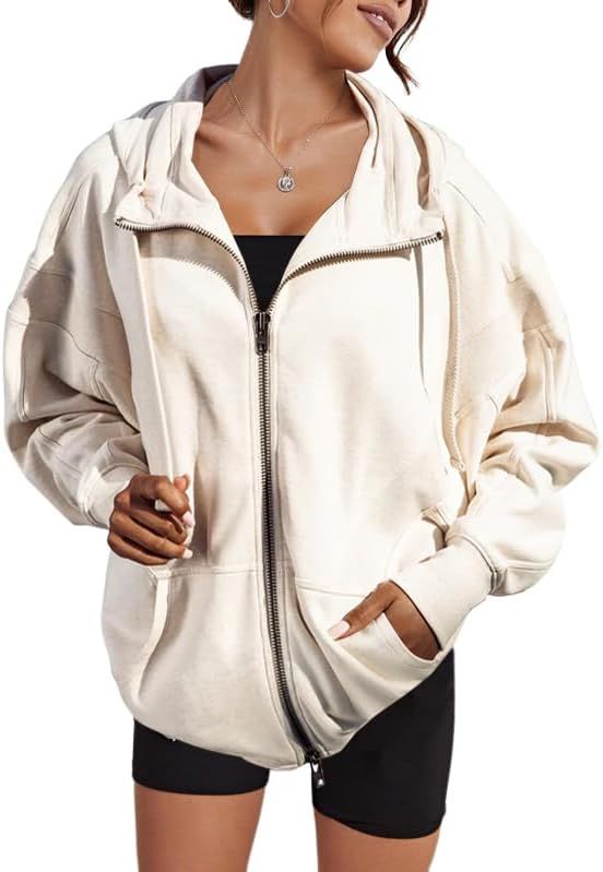 MISSACTIVER Women Oversized Zipper Hooded Sweatshirt Drop Shoulder Long Sleeve Solid Basic Workou... | Amazon (US)