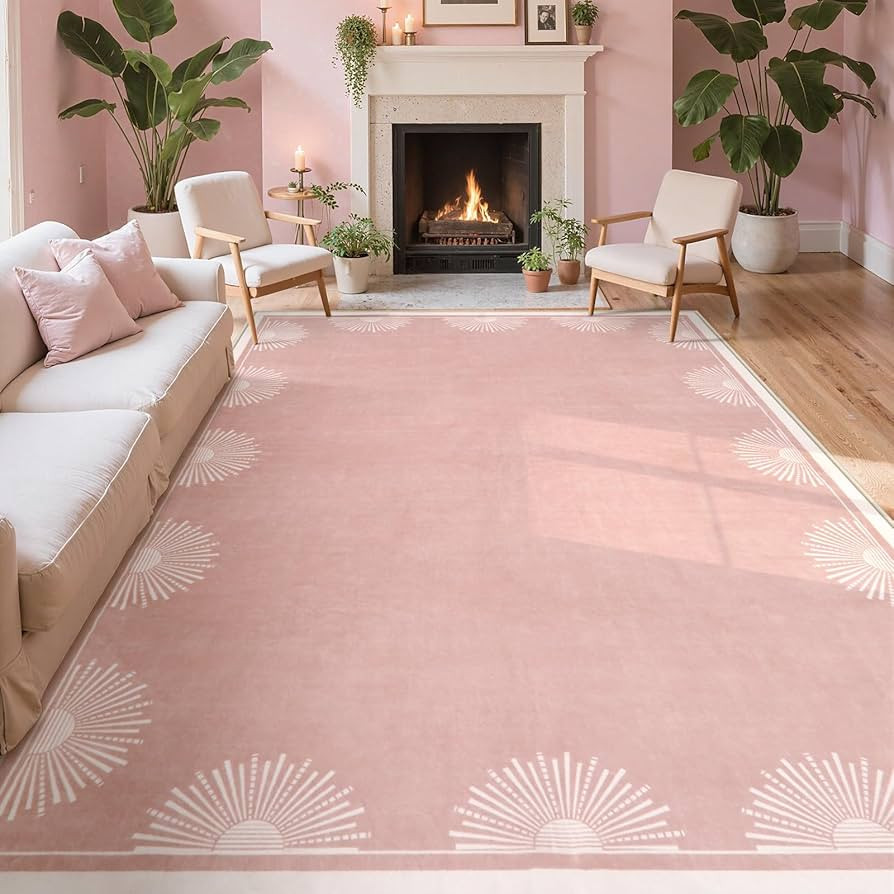 Modern Pink 8x10 Rug for Living Room,Ultra Thin Washable Bedroom Rug 8x10 Under Bed, Non Slip Sun... | Amazon (US)