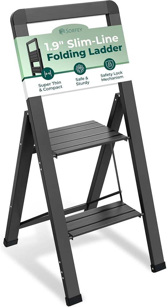 Step Ladder 2 Step Folding, Decorative - Modern Beautiful Black Aluminum,Lock Mechanism, Ultra Sl... | Amazon (US)