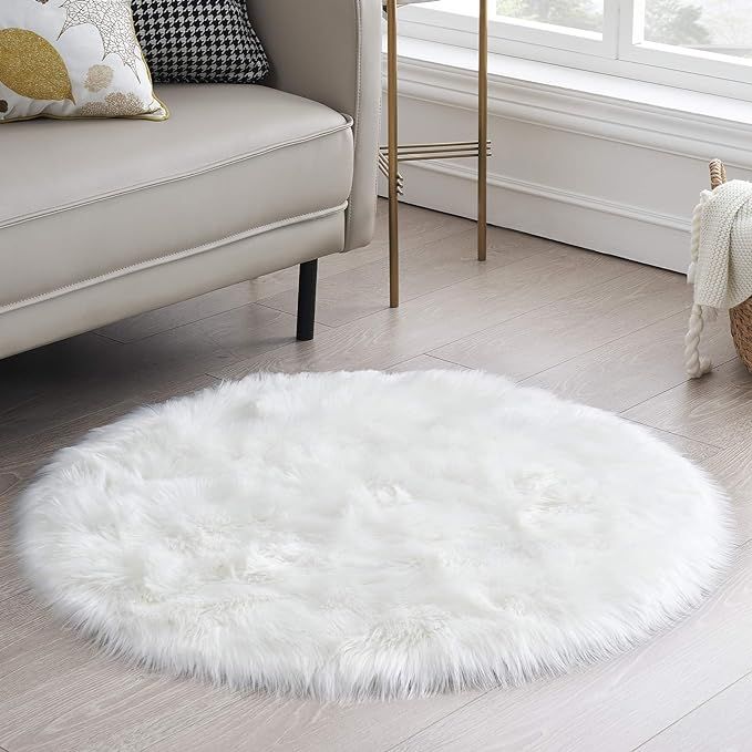 Round Fur Rug Fluffy Area Rug for Bedroom, White Faux Fur Rug Furry Circle Rug for Kids Room, Cut... | Amazon (US)