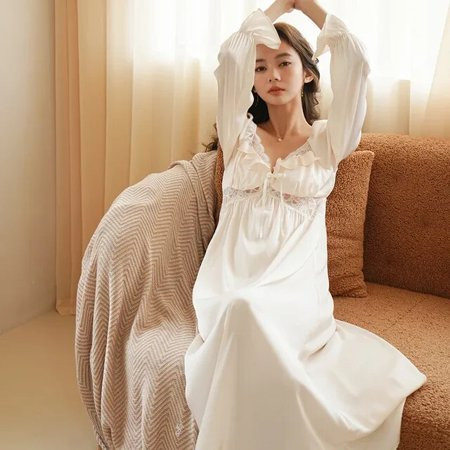 Municipal Sexy Lace Ruffle Long Sleeve Robe Elegant Satin Nightgown Princess Sleepwear Women Fairy Night Dress Romantic Ice Silk Nightwear | Walmart (US)
