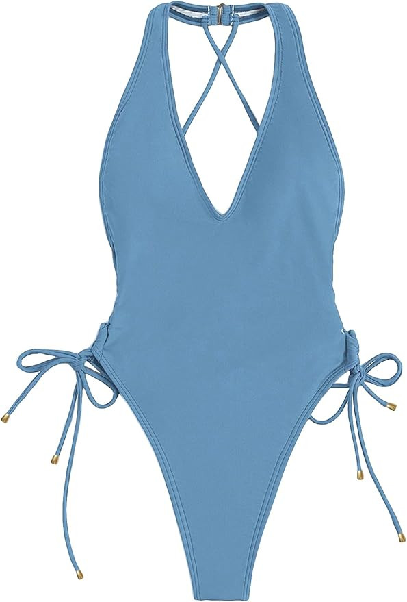 OYOANGLE Women's Criss Cross Backless V Neck Tie Side High Cut Thong One Piece Swimsuit | Amazon (US)