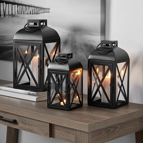 Mainstays Decorative Black Metal Pillar Candleholder Lantern, 12", Medium | Walmart (US)