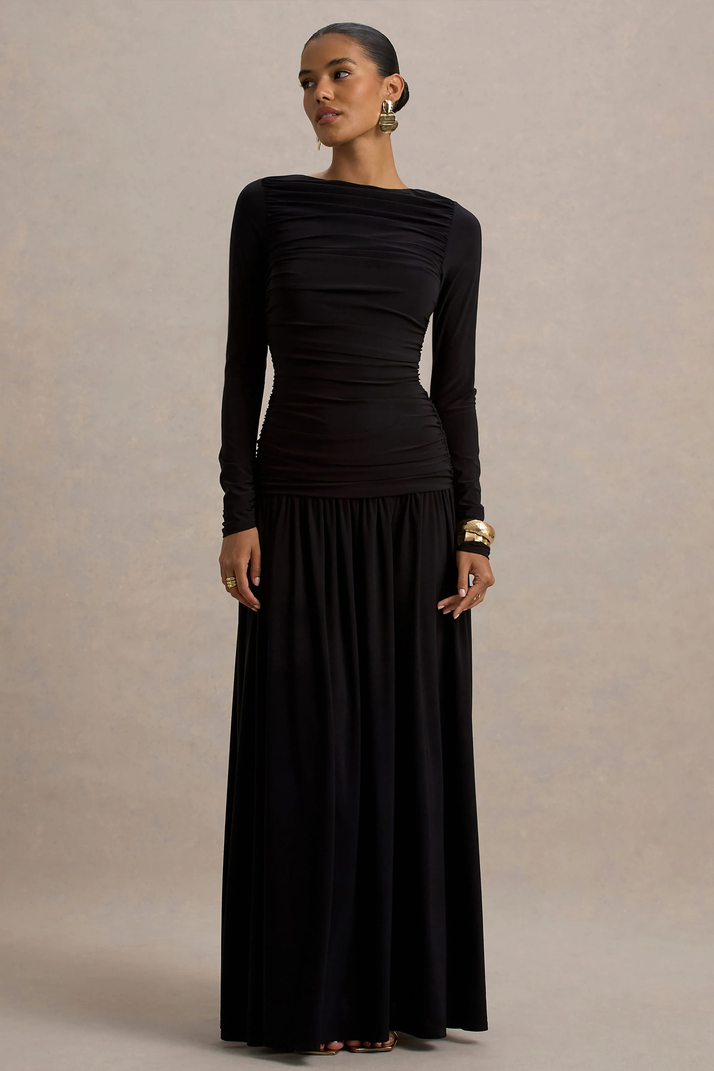 Aniyah | Black High-Neck Maxi Dress With Ruched Detailing | Club L London