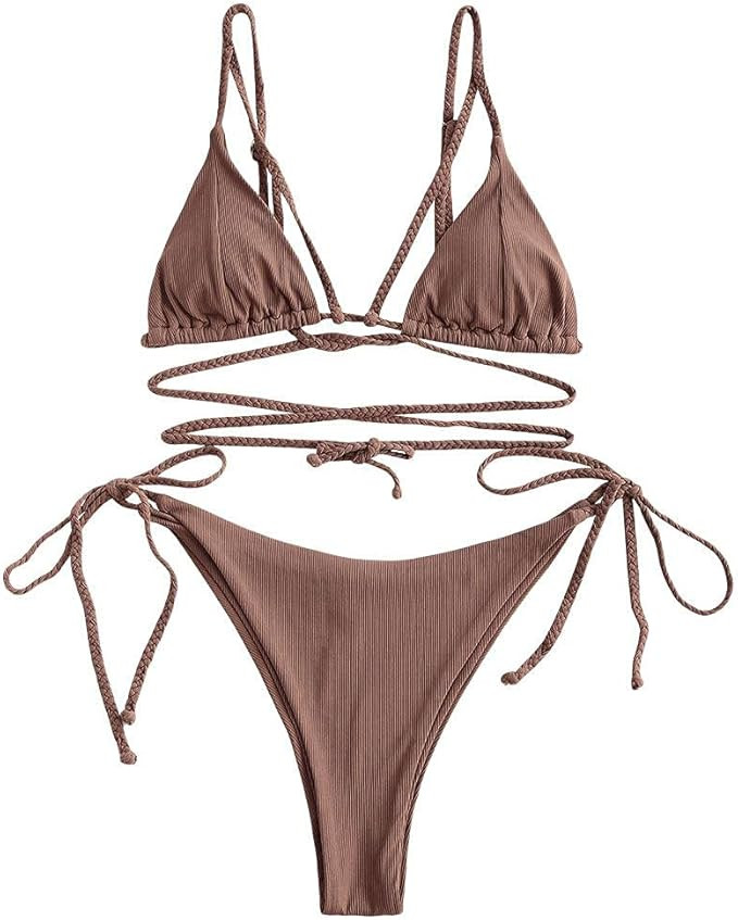 ZAFUL Women's Bikini Swimsuit Ribbed Bathing Suit Scrunch Butt String Thong Bikini Set… | Amazon (US)