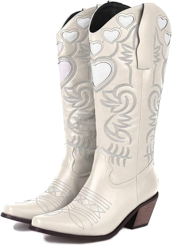 Amazon.com | Womens Mid Calf Boots Cute Heart Chunky Heel Cowgirl Cowboy Boots Embroidered Pull o... | Amazon (US)