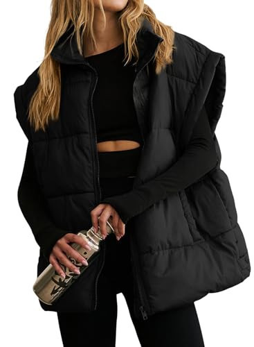 Dokotoo Womens Casual Black Puffer Vest Warm Quilted Vest Stand Collar Flysleeve Insulated Padded Outerwear Winter Jacket Coats for Women 2026 Fashion Pockets Vest Large | Amazon (US)
