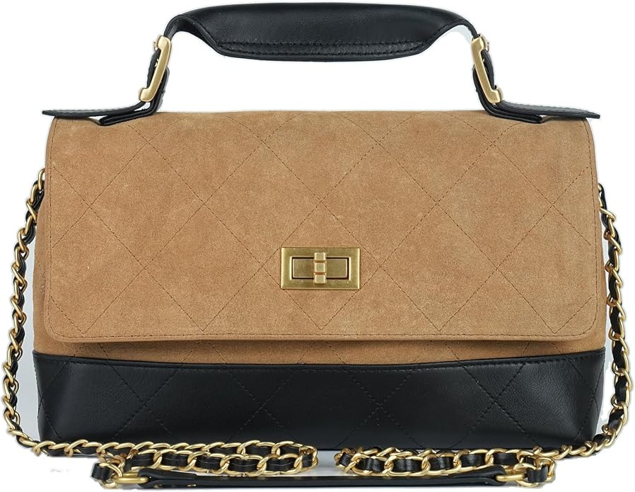 Women's Quilted Shoulder Bag with Retro Patchwork Flap, Lambskin Leather & Suede | Amazon (US)