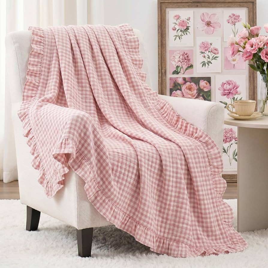 100% Cotton Pink Gingham Muslin Throw Blanket with All-Around Ruffles 6-Layer Breathable Muslin B... | Amazon (US)