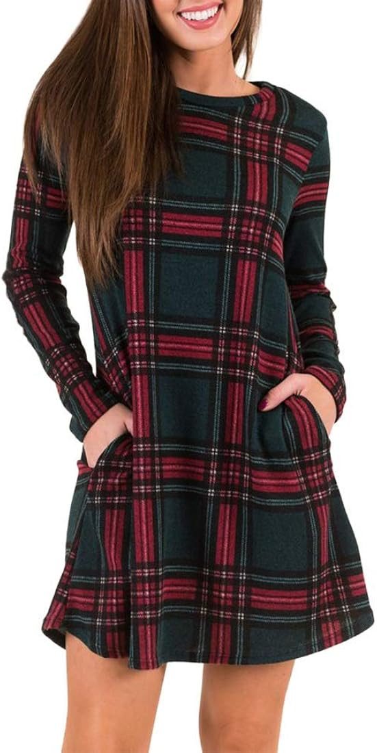 MIROL Women's Long Sleeve Plaid Color Block Casual Swing Loose Fit Tunic Dress | Amazon (US)