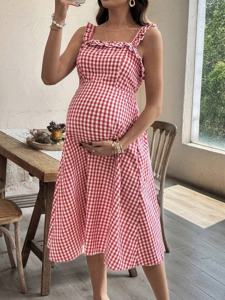 SHEIN Maternity Plaid Print Ruffle Trim Sleeveless Summer Dress | SHEIN
