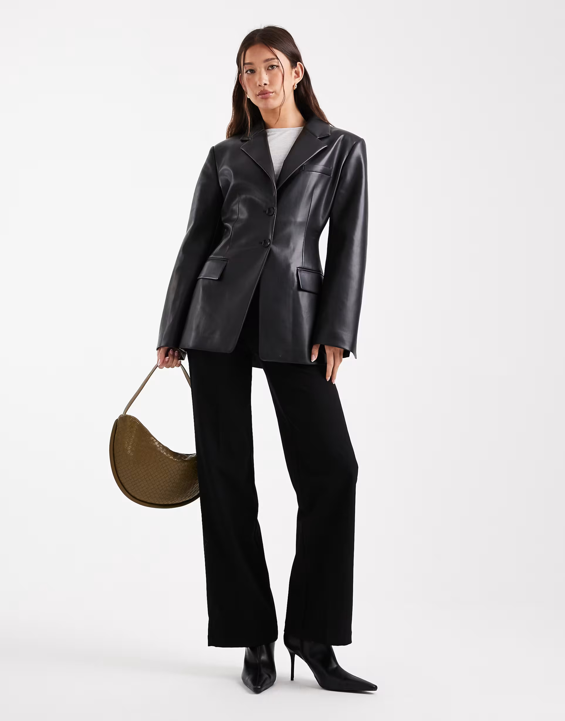 ASOS DESIGN faux leather sculpted cinch waist blazer in black | ASOS (Global)