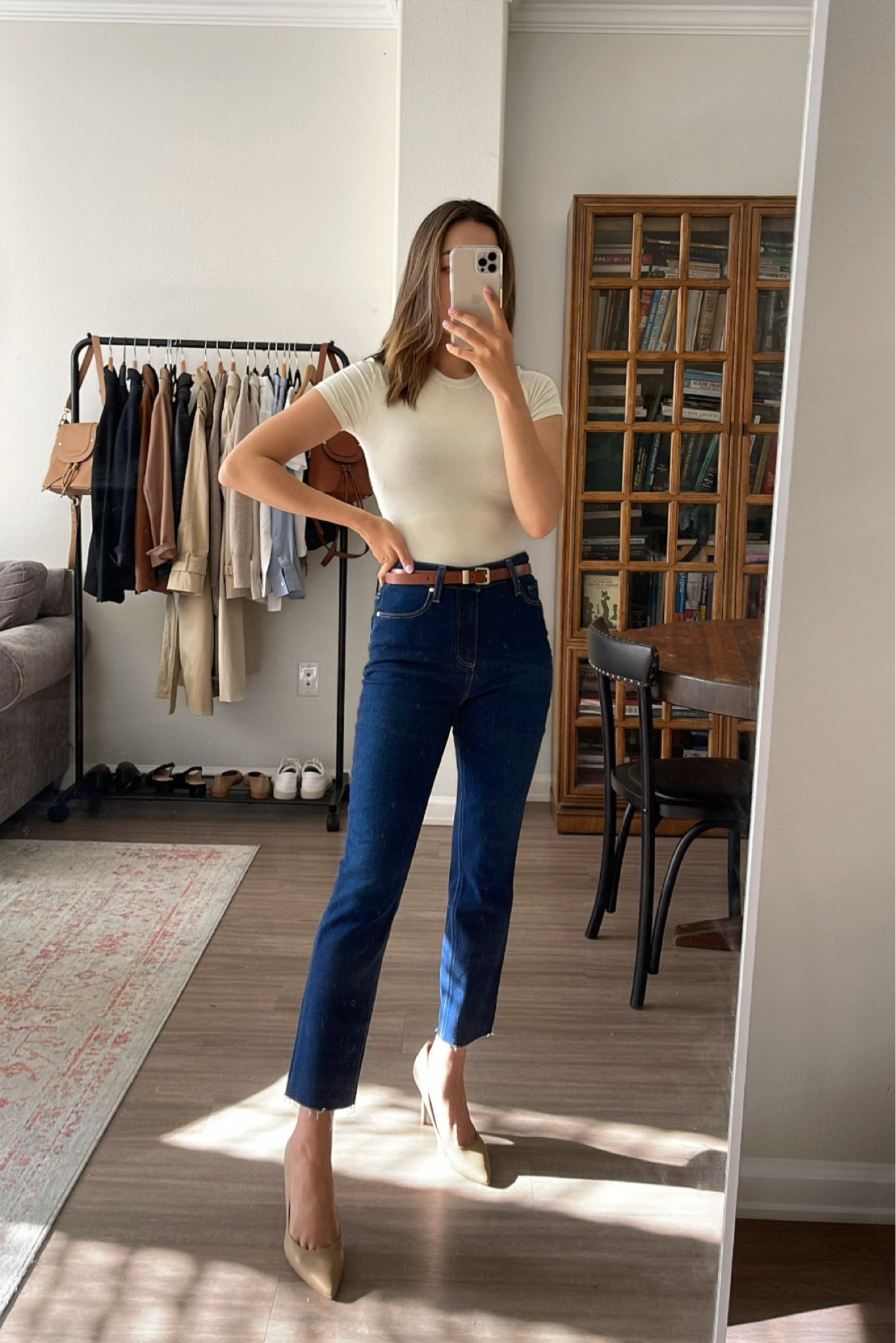 Business casual basics / spring outfit 

Brown belt 
Nude heels 
Off white bodysuit & straight leg blue jeans - Linked similar items

#LTKunder100 #LTKworkwear #LTKSeasonal