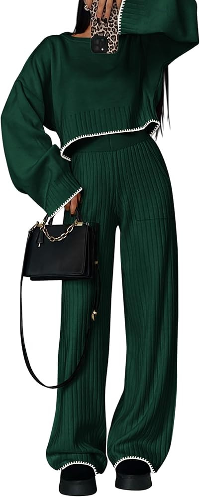 PRETTYGARDEN Women's 2 Piece Fall Outfits Long Sleeve Crop Top Wide Leg Pants Knit Pullover Sweat... | Amazon (US)