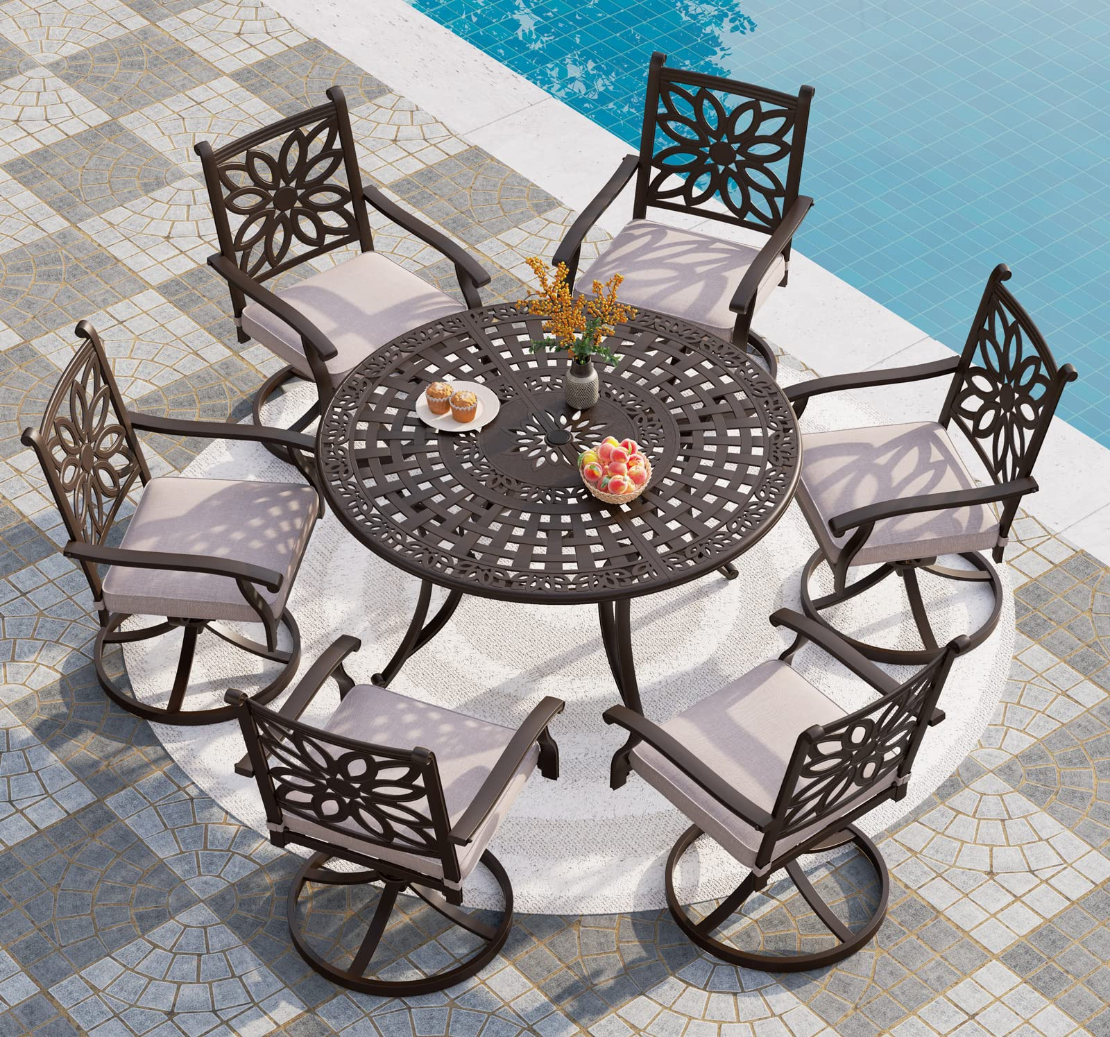 PHI VILLA Cast Aluminum Patio Dining Set for 6 Person, 7 Piece Outdoor Patio Set with 54" Dia Cas... | Amazon (US)