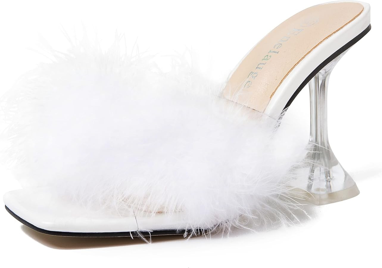 Enelauge Women's Square Toe Sandal Fluffy Feather Clear High Heels Sandals Mules Backless Slip On... | Amazon (US)