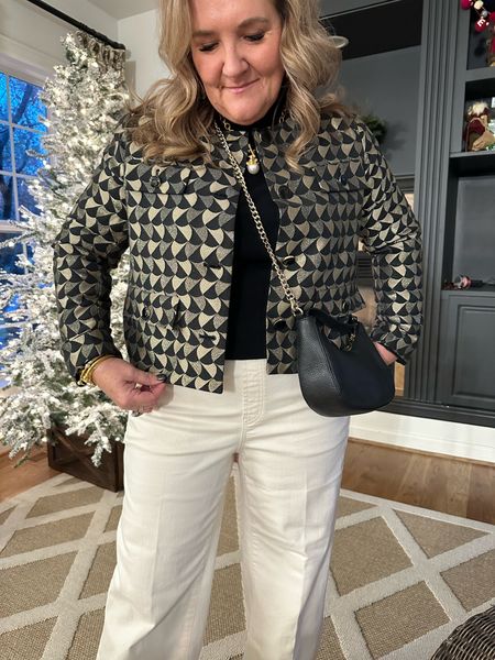 The jacket is 🙌. You do need your get your larger size because there’s no stretch. I’m loving it with neutrals but also looks great with jewel tones like red, green or sapphire blue! 

Ecru jeans are pull on wide leg. I did size up. They are loose but I don’t want white pants tight. 😬 Wearing size 2.5

Holiday casual office party outfit 

#LTKsalealert #LTKmidsize #LTKover40
