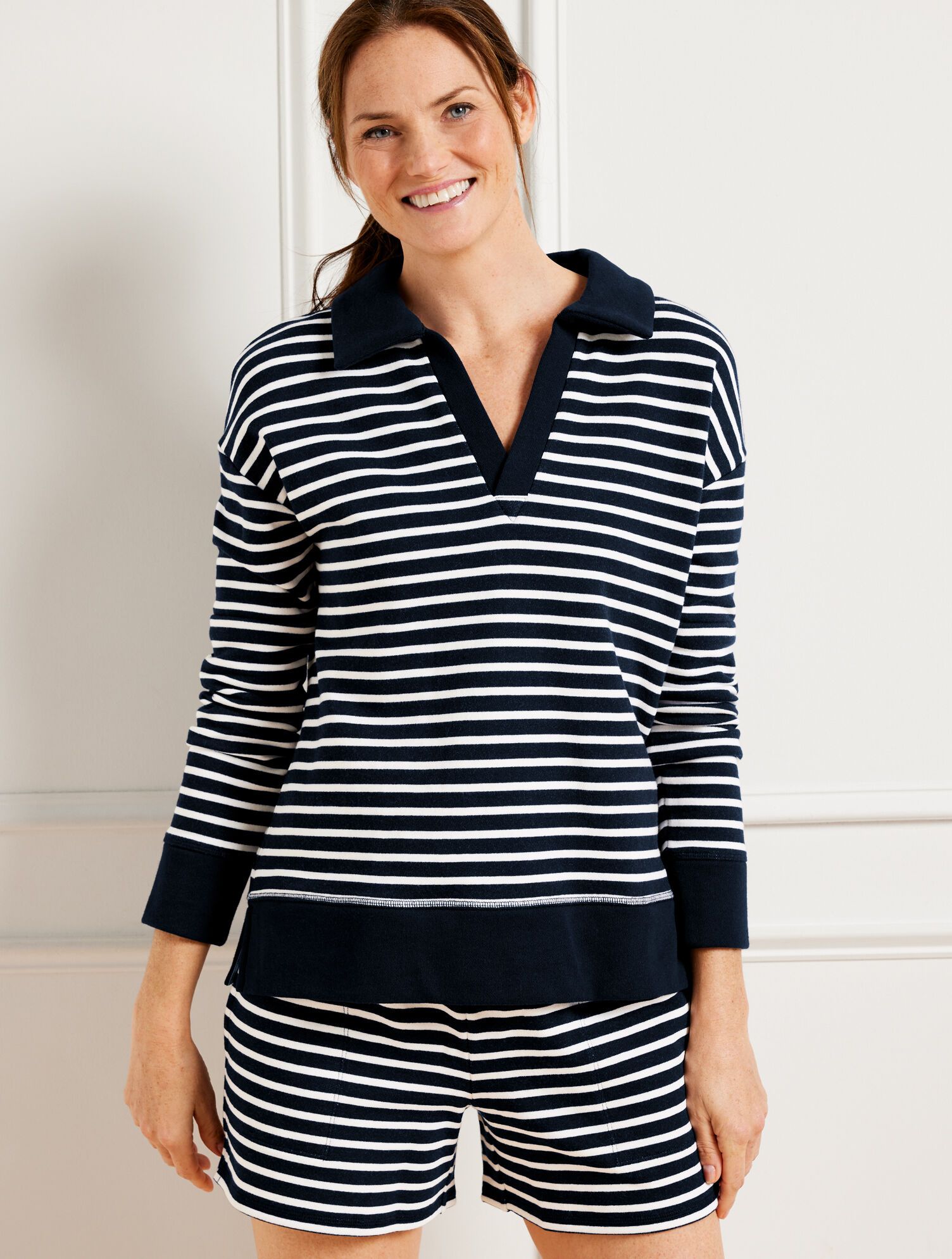 Cotton French Terry Johnny Collar Pullover - Wander Stripe | Talbots