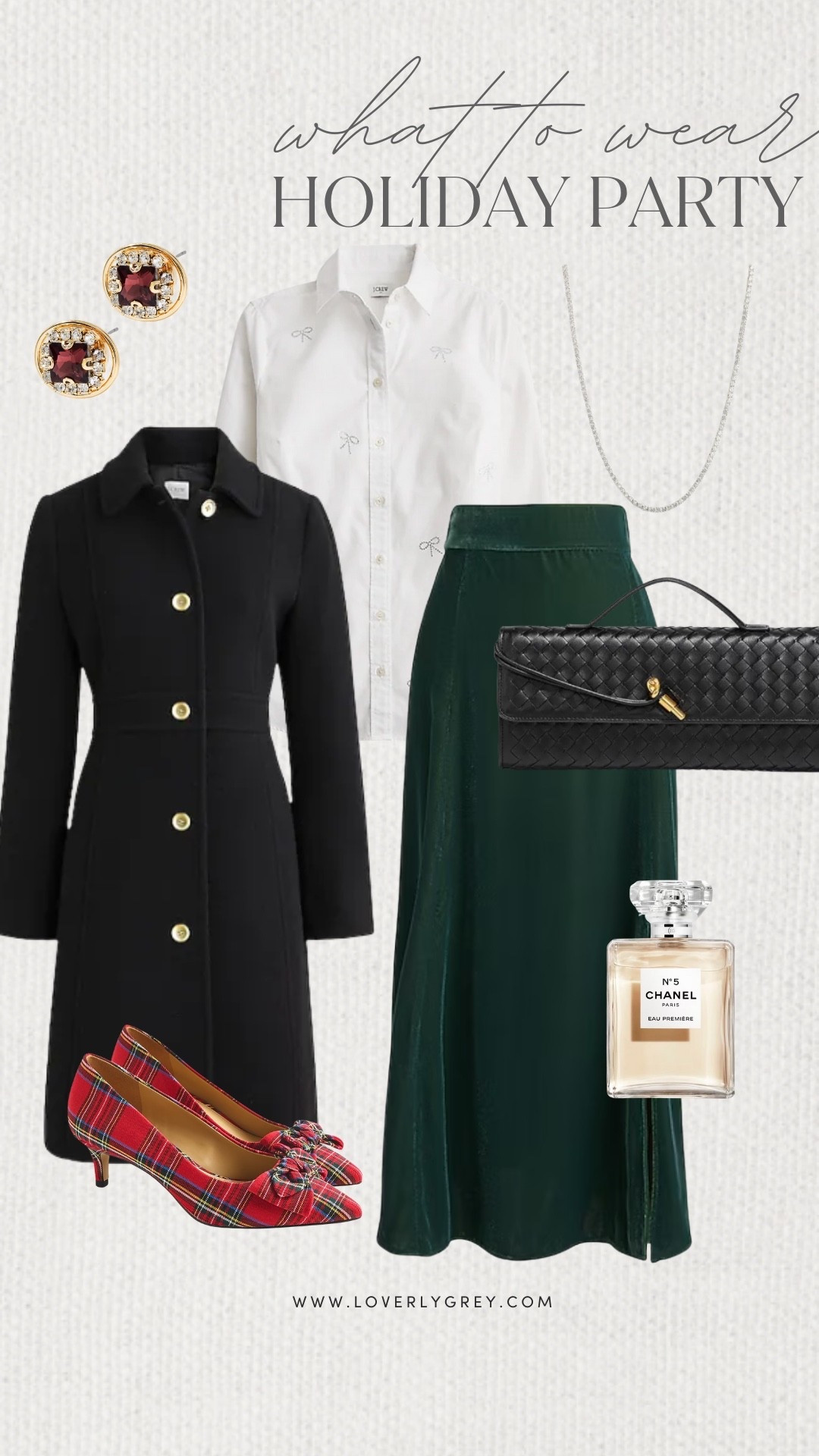 Loverly Grey, what to wear to a holiday party! I am loving this embellished white button down paired with an emerald green velvet skirt. I paired the look with festive plaid heels, a woven purse, and diamond necklace. Loverly Grey, what to wear, holiday party 

#LTKHoliday #LTKStyleTip #LTKShoeCrush