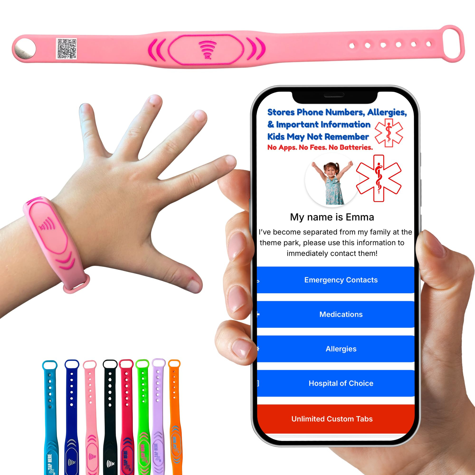Kids ID Bracelet – NFC Emergency Contact Wristband, Adjustable 5.5–7.5”, Waterproof Silicon... | Amazon (US)