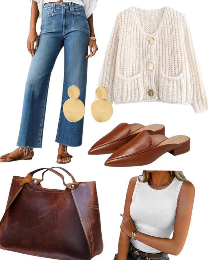 Effortless neutrals I’ll be wearing on repeat 🤎✨ A creamy knit cardigan, classic white tank, wide-leg denim, cognac mules, statement gold earrings, and the perfect leather tote—easy, polished, and so good for everyday fall outfits. Linking everything + similar finds on my LTK!

#LTKStyleTip #LTKFinds #LTKFashion #FallOutfit #NeutralStyle #EverydayOutfit #ClassicStyle #WideLegJeans #LeatherTote #CognacAccessories 

 #LTKdayinmylife #LTKootd #LTKTall
