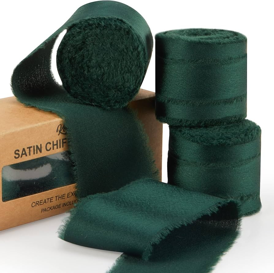 Dark Green Satin Ribbon, Silk Chiffon Frayed Fabric Ribbons for Gift Wrapping Crafts Flower Bouqu... | Amazon (US)