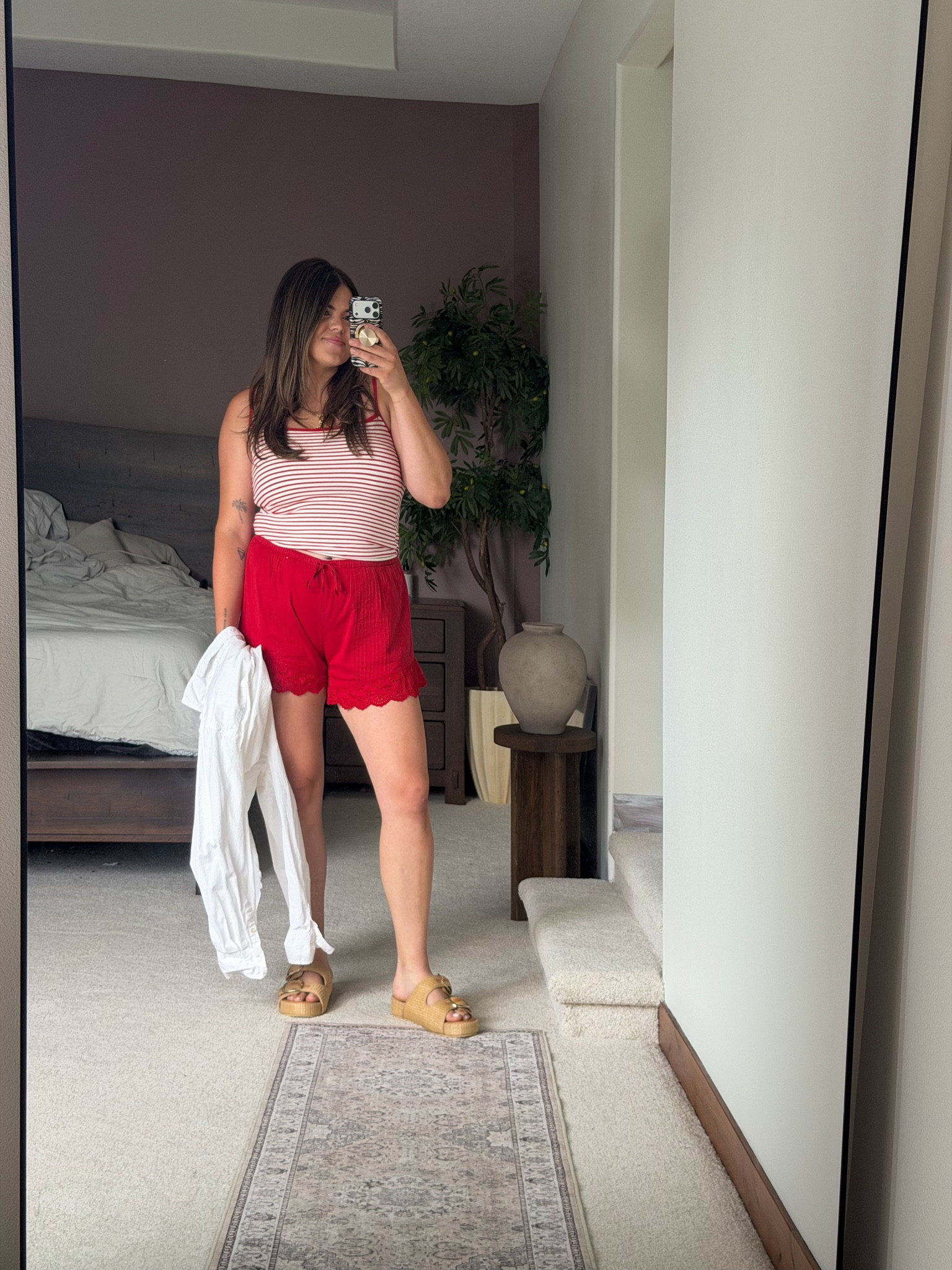 Casual summer outfit with natural materials - cotton - so comfortable, breathable and versatile

Summer outfit, beach outfit, vacation, stay at home mom, midsize, size 12, size 14, mom style, curvy outfit 

Braless tank from @abercrombie size large 
Red cotton detail shorts large