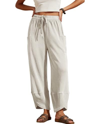 Xiaoxuemeng Womens Wide Leg Sweatpants Elastic Waist Baggy Harem Pants Drawstring Palazzo Sweatpants(0868-White-S) | Amazon (US)