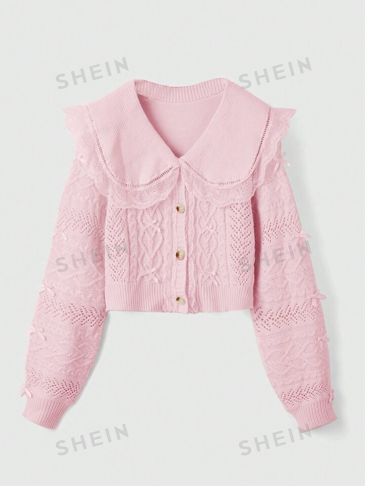 ROMWE Kawaii Contrast Lace Trim Statement Collar Pointelle Knit Cardigan | SHEIN