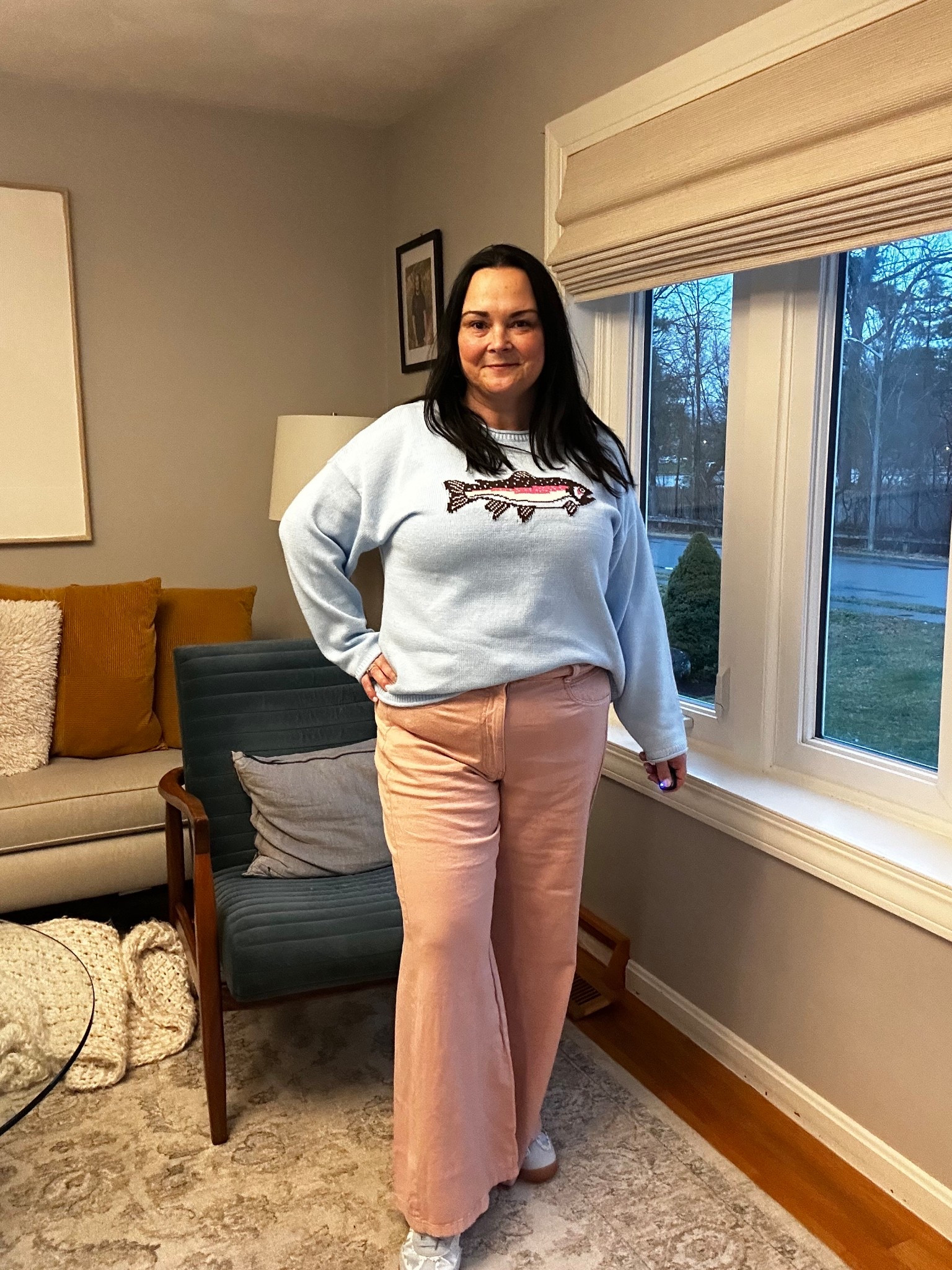 Casual midsize ootd with true to size pink wide leg jeans and a soft graphic sweater. This comfortable outfit is easy, flattering, and perfect for real life when you want something fun but still wearable. The colored denim makes a statement without feeling overdone, and the relaxed fit sweater keeps the look soft, simple, and put together.

#LTKootd #LTKWorkwear #LTKMidsize