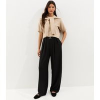 Women's Black Belt Detail Pleated Crinkle Texture Wide Leg Trousers New Look | New Look (UK)