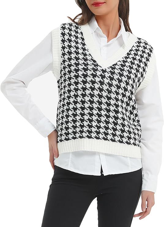 Woolicity Women's Houndstooth V Neck Sweater Vest Sleeveless Knit Vest Crop Sweater Pullover | Amazon (US)
