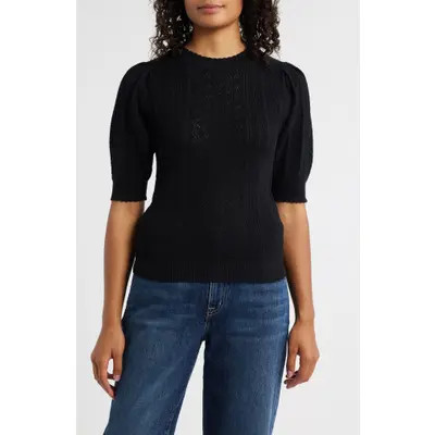 Wit & Wisdom Pointelle Elbow Sleeve Sweater in Stone at Nordstrom, Size Medium | Nordstrom