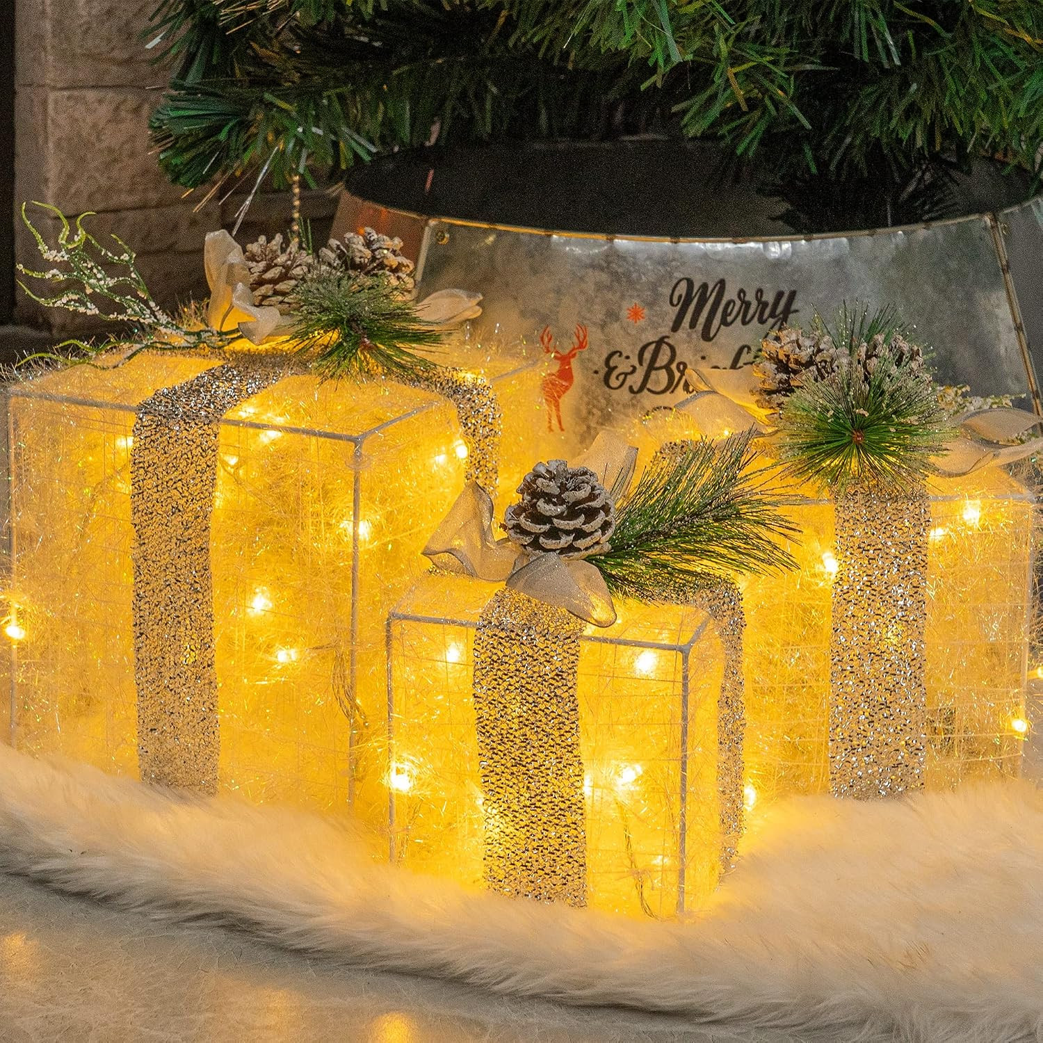 Hourleey Set of 3 Christmas Lighted Gift Boxes, Pre-lit 60 LED Light Up Present Boxes Ornament Outdoor Warm White Tinsel Boxes Decoration for Indoor Christmas Home Yard Lawn Decor | Amazon (US)
