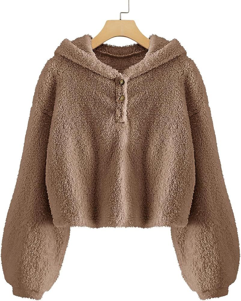 GAMISOTE Women's Fleece Hoodies Oversized Sherpa Cropped Puff Sleeve Pullover Sweatshirt | Amazon (US)