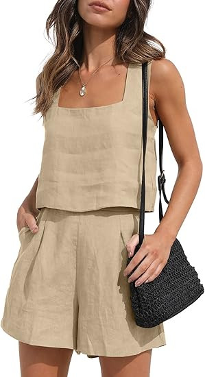 AUTOMET Womens 2 Piece Outfits Lounge Matching Sets Two Piece Linen Shorts Crop Tops 2023 Trendy ... | Amazon (US)