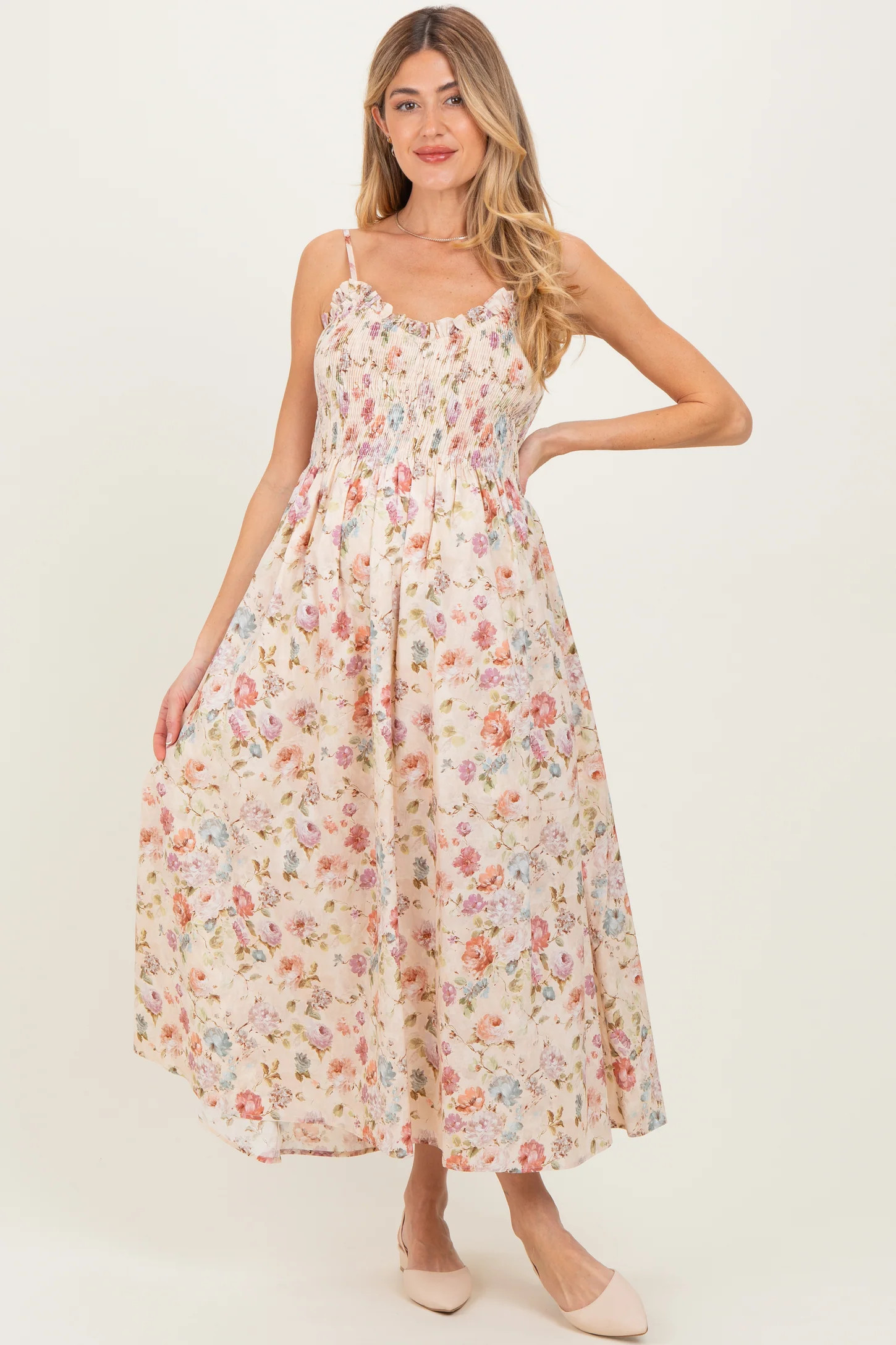 Cream Floral Smocked Ruffle Detail Maternity Midi Dress | PinkBlush Maternity