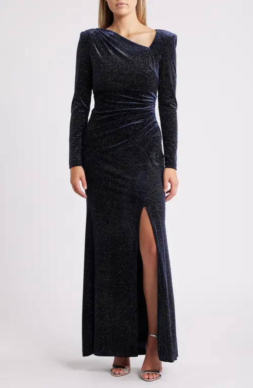 Vince Camuto Metallic Velvet Long Sleeve Gown in Navy at Nordstrom, Size 0 | Nordstrom