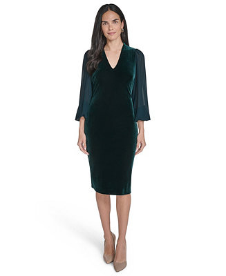 Women's V-Neck with Chiffon Sleeve and Back Yoke Bodycon Dress | Macy's