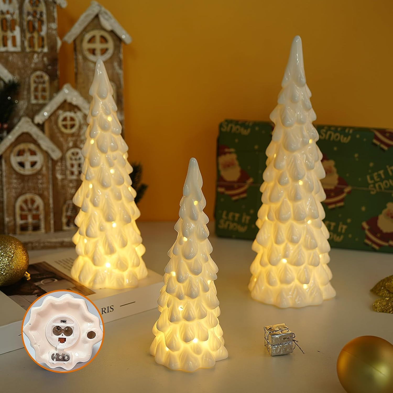 3 Pcs White Ceramic Christmas Trees with Lights, Table Top Christmas Decor | Amazon (US)