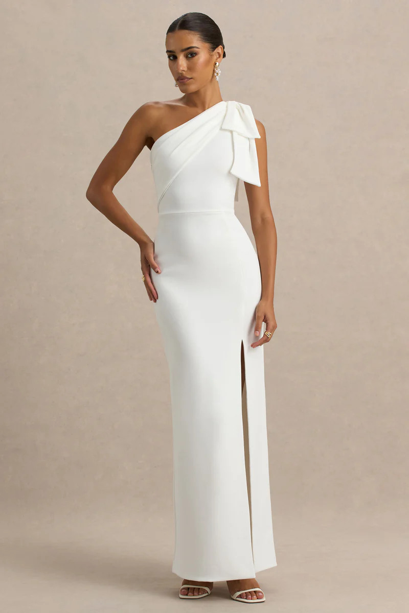 Kiri | White One-Shoulder Bow Maxi Dress | Club L London